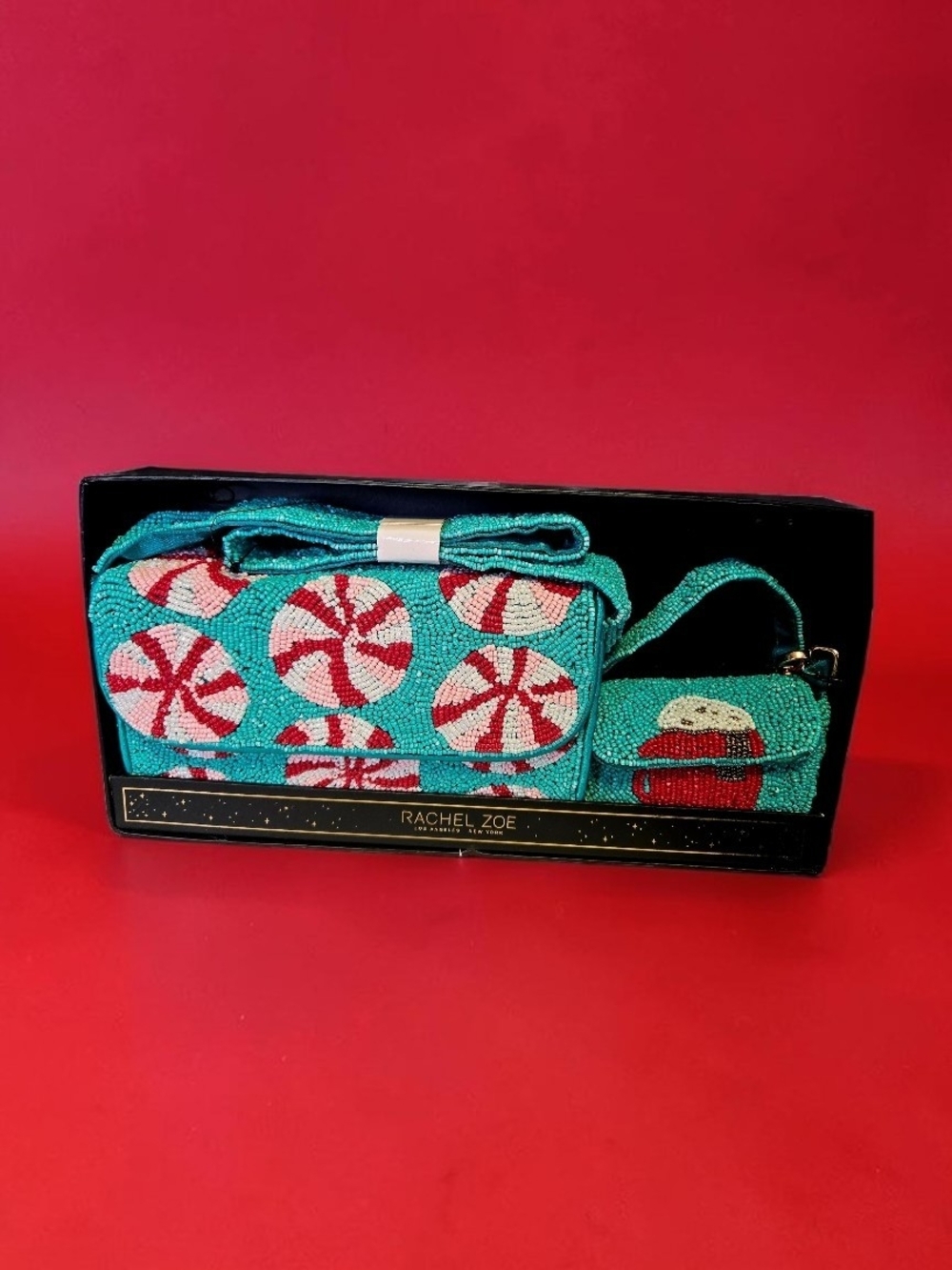 NEW Rachel Zoe Designer Peppermint Theme Beaded Shoulder & Mini Bag Set In Box - Picture 5 of 7